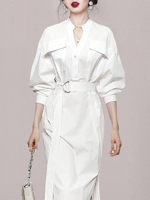 Long Sleeves Loose See-through Split-joint Split-side Tied Waist V-neck Midi Dresses Shirt Dress