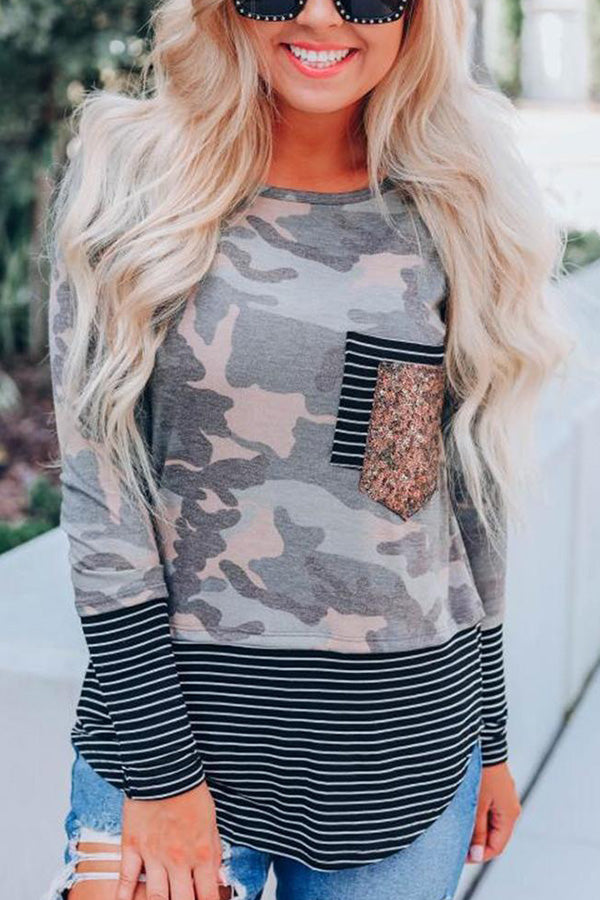 Striped Sequin Pocket Long Sleeve T-shirt