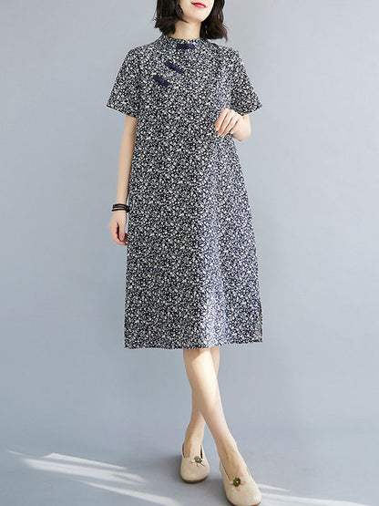 Artistic Retro Printed Stand Collar Short Sleeves Cheongsam Midi Dress
