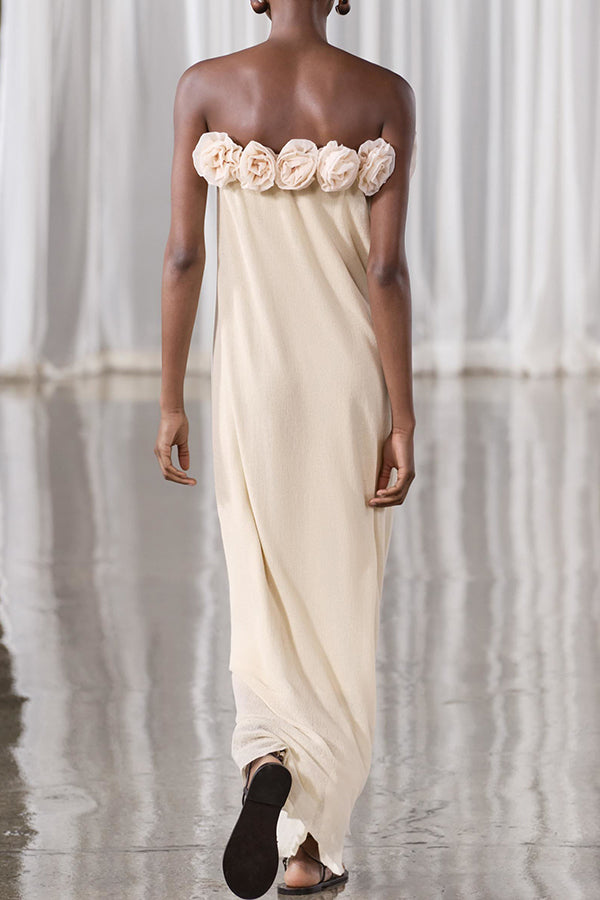 Blooming Flower Applique Elastic Off Shoulder Strapless Maxi Dress