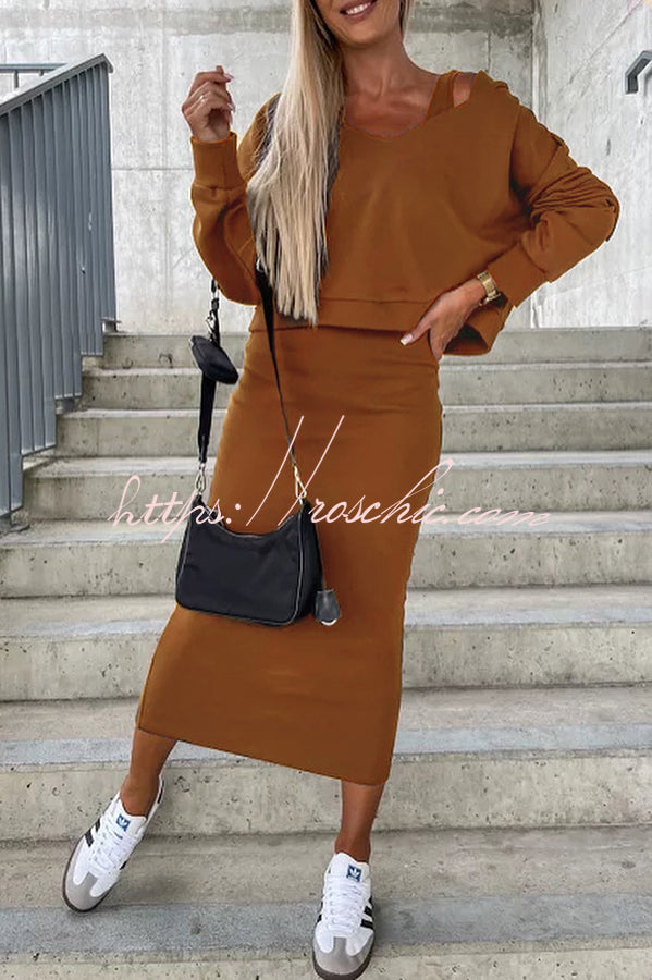 Around the World Hooded Sweatshirt and Slip Maxi Skirt Two Piece Set
