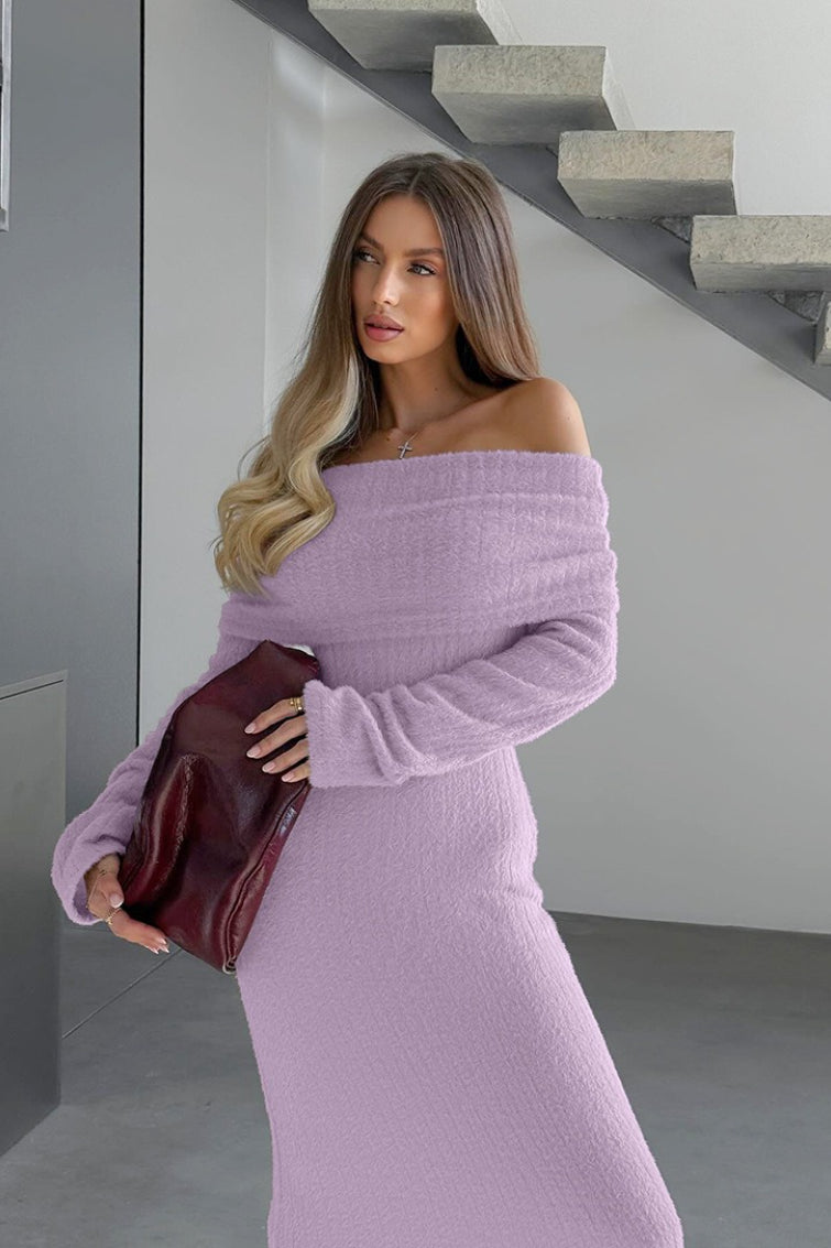 Knitted Off-the-shoulder Fitted Waist Maxi Dress