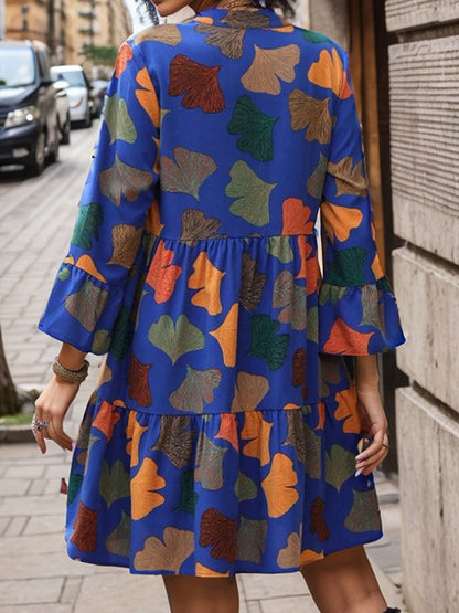 A-line Flared Sleeves Leaves Print Pleated Split-joint V-neck Mini Dresses