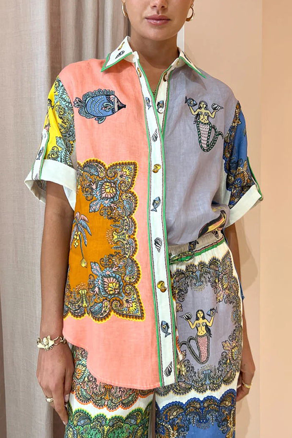 And Posh Linen Blend Mermaid Print Button Down Oversized Blouse