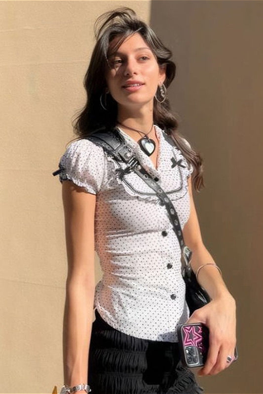 Polka Dot Bow-accent Puff-sleeve Collared Blouse