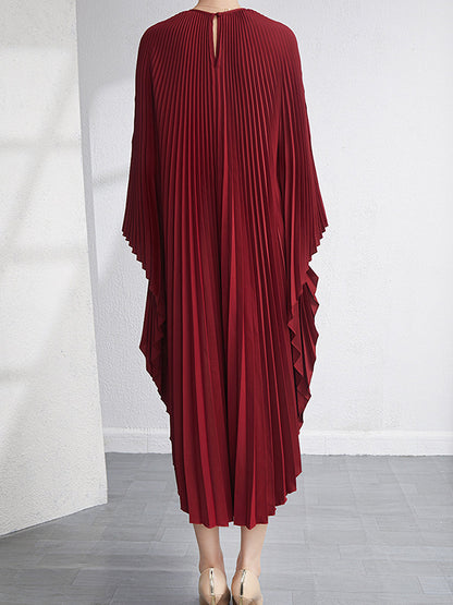 Batwing Sleeves Loose Pleated Color Maxi Dresses