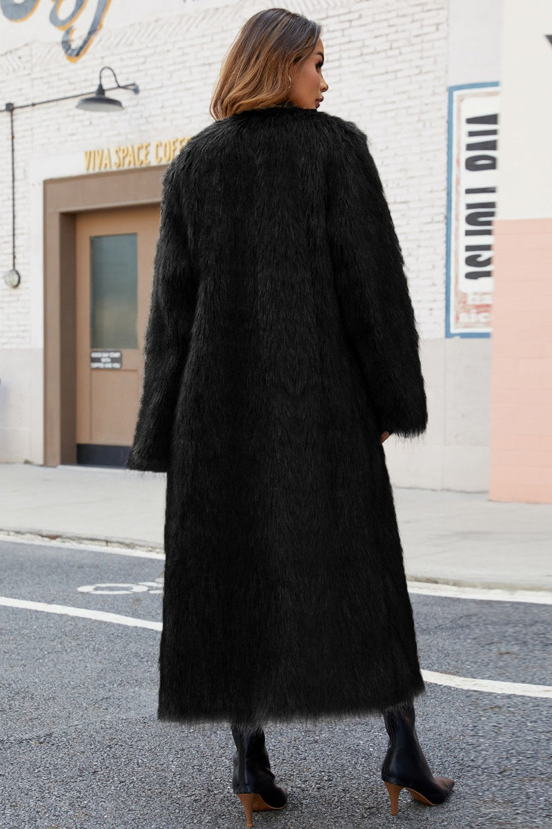 Plush Faux Fur V-neck Long Overcoat