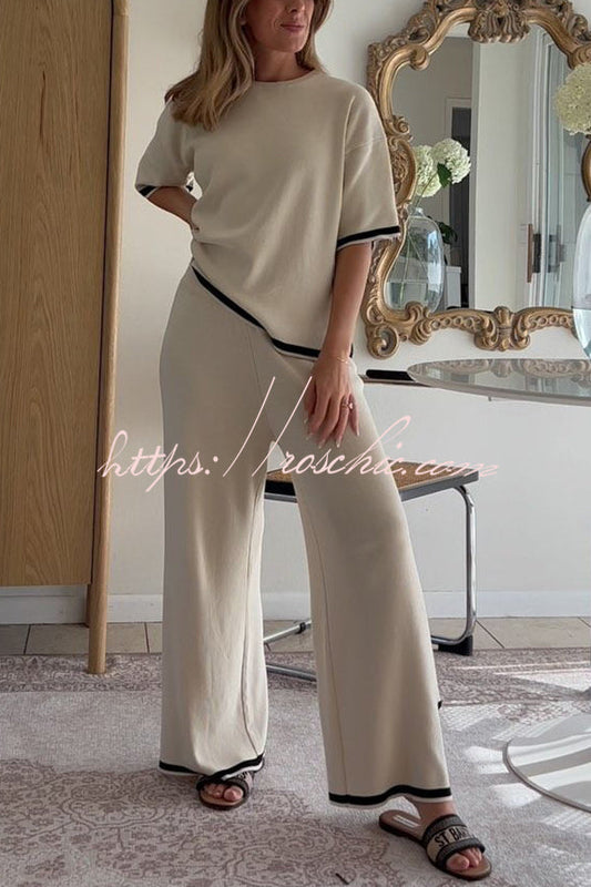 Lounge or Wear Knit Patchwork Color Block Short Sleeve Top and Elastic Wide Leg Pants