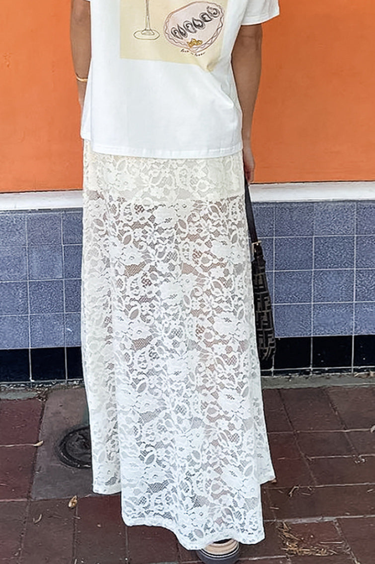 White Lace Sheer High Waist A-line Skirt