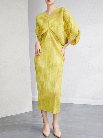 Urban Loose Batwing Sleeves Printed Pleated V-neck Midi Dresses