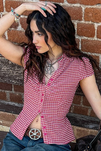 Preppy Plaid Button Down Collar Slim Blouse