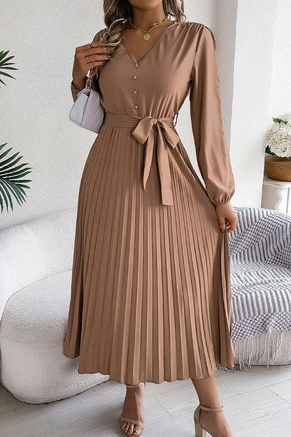 Color V-neck Buttoned Lace-up Pleated Maxi Dress