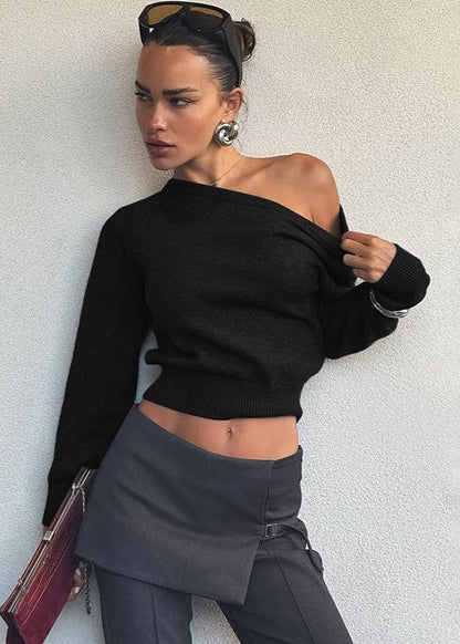 Off-shoulder Cropped Knit Sweater – Minimalist Elegance