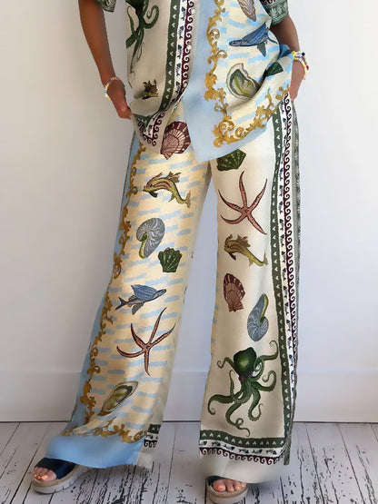 Unique Deep Sea Print Loose Wide-leg Pants