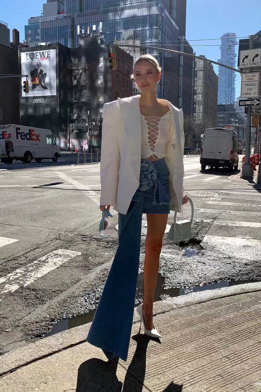 Denim Mini Skirt With 3d Roses