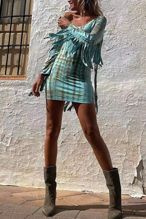 Tie Dye Long Sleeves Tassle Mini Dress