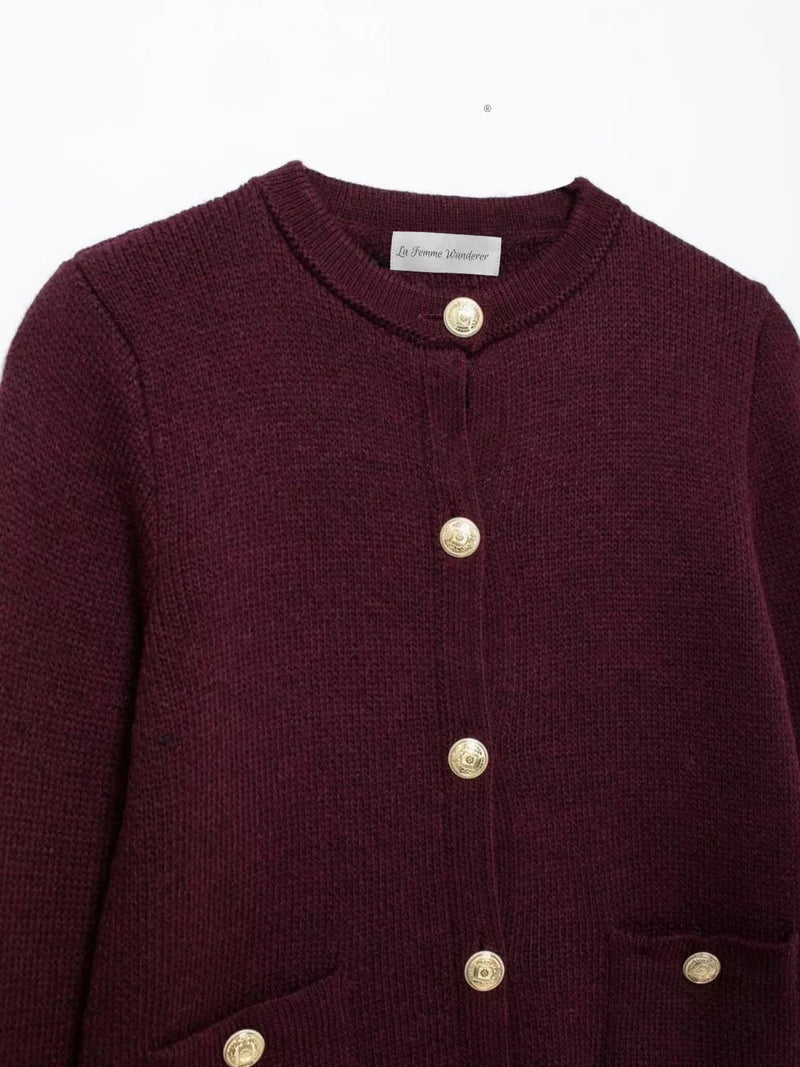 Gold Decorated Row Button Short Knitted Cardigan