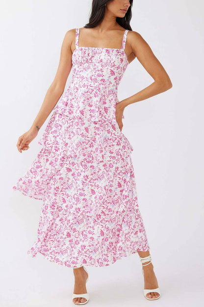 Print Tie-up Tiered Midi Dress