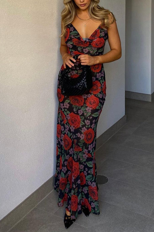 Adjustable Strap Backless Rose Print Maxi Dress
