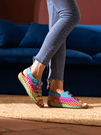 Soffia | Rainbow Strap Bubble Pattern Leather Sandal