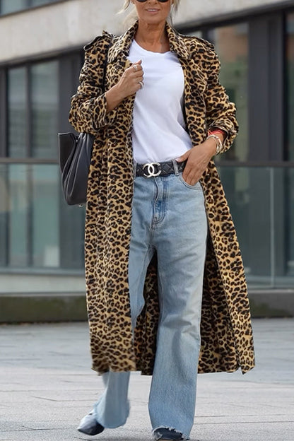 Lapel Open Front Leopard Midi Coat