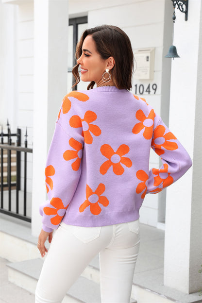 Fall Mega Daisy Pullover Sweater - Purple