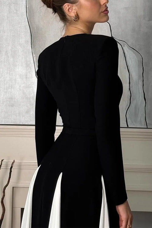 Long Sleeves Color Block Swing Maxi Dress