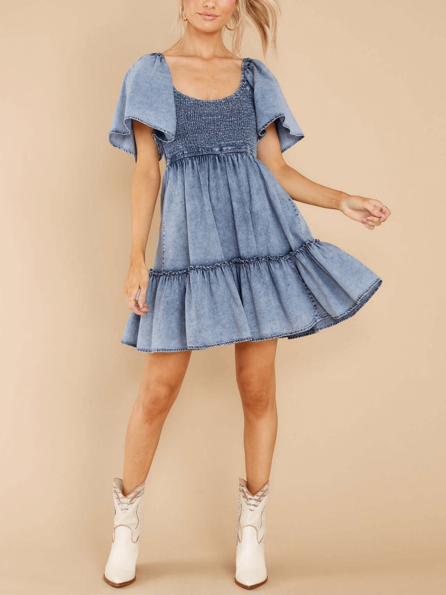 Billy Denim Smocked Babydoll Mini Dress