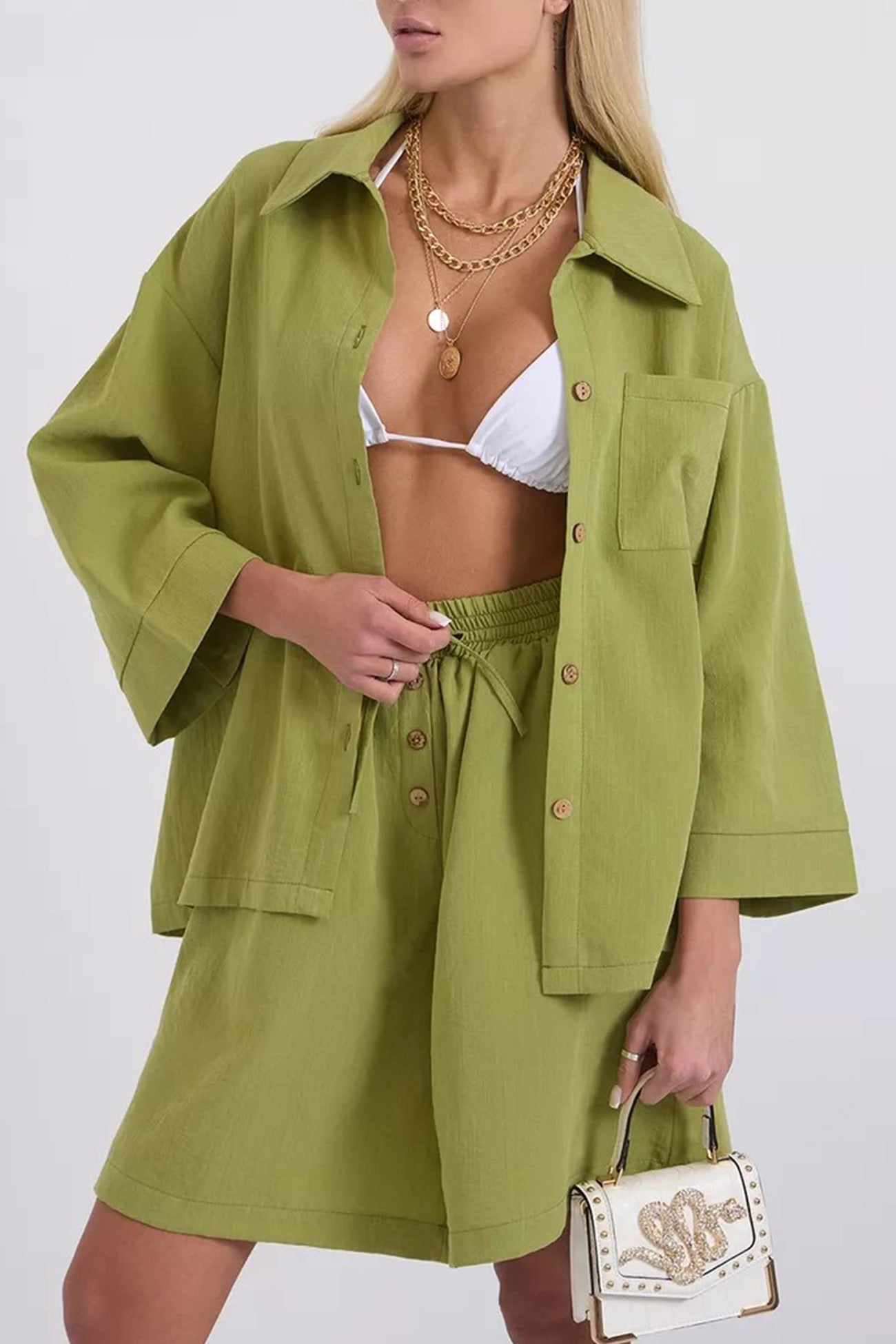 Color Shirt Single-breasted Bermuda Shorts Set
