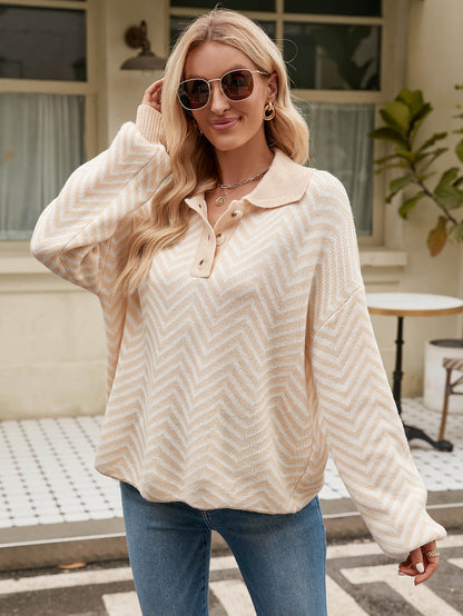 Benji Zig Zag Striped Batwing Sleeve Sweater - Beige