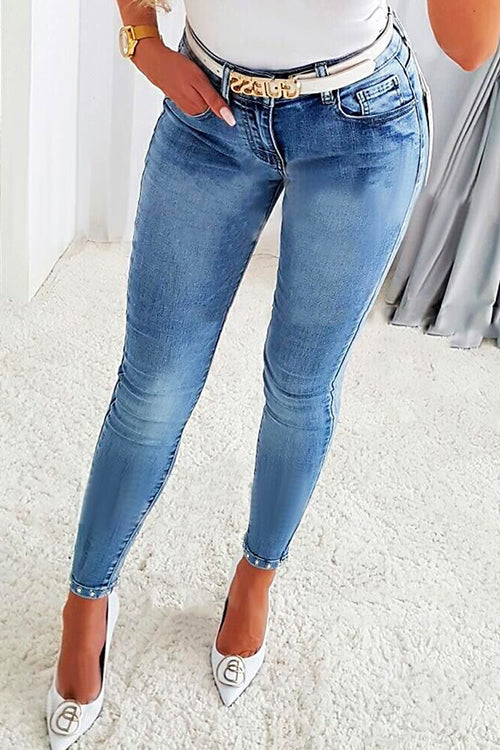 Beaded Butterfly Distressed Skinny Denim Pants