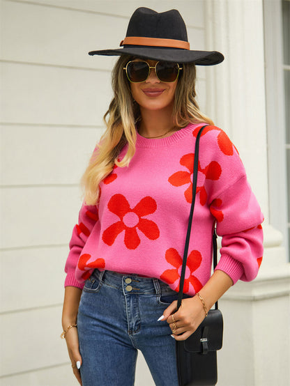 Fall Mega Daisy Pullover Sweater - Pink