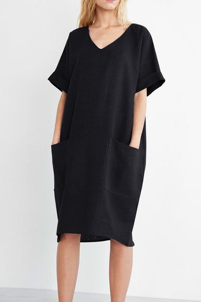 V-neck Short Sleeve Pocketed Cotton Dress