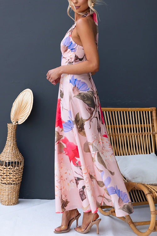 Halter V Neck Lace-up Print Swing Maxi Dress
