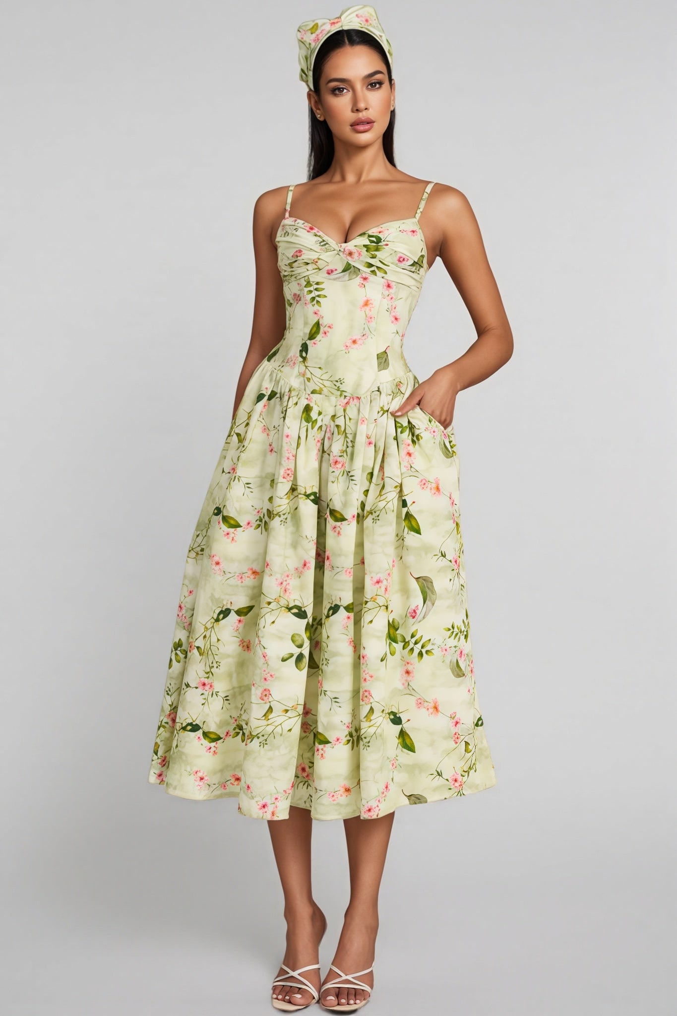 Raleign Green Print Ruched Midi Dress
