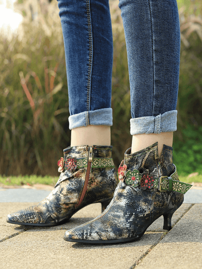 Soffia | Snake Pattern Embossed Green Leather Kitten Heel Ankle Boot