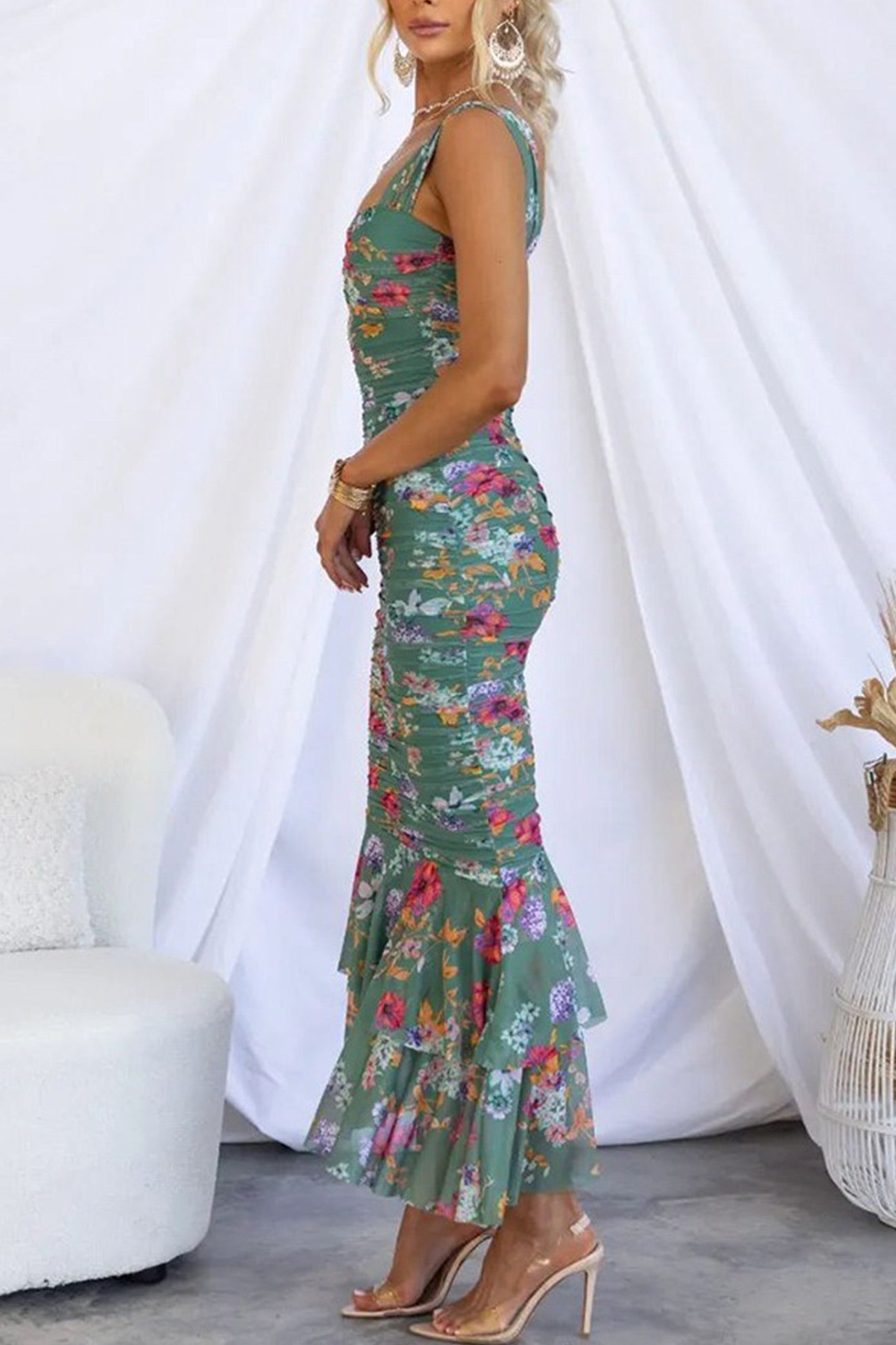 Print Ruched Fishtail Dress