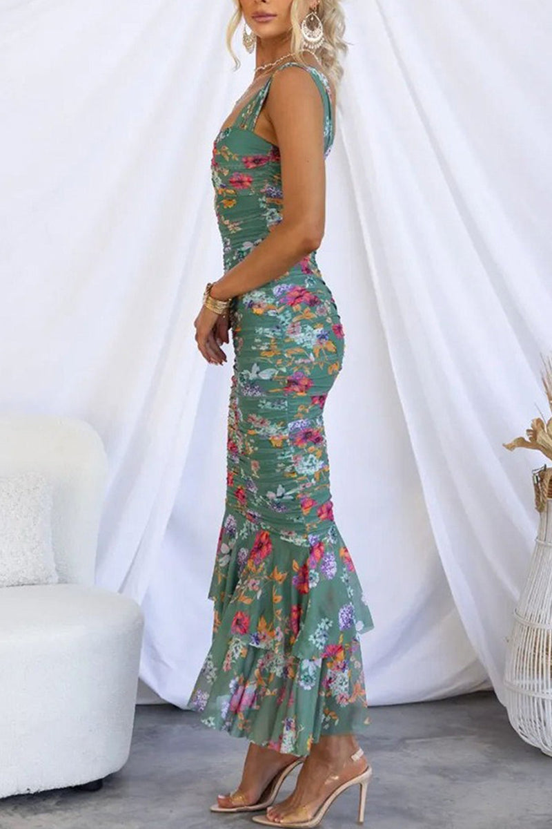 Print Ruched Fishtail Dress