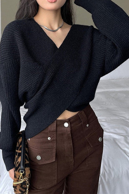 V Neck Criss Cross Front Ribbed Knit Sweater