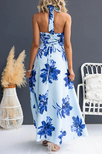 Halter V Neck Back Lace-up Waisted Print Maxi Dress
