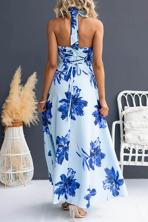 Halter V Neck Back Lace-up Waisted Print Maxi Dress