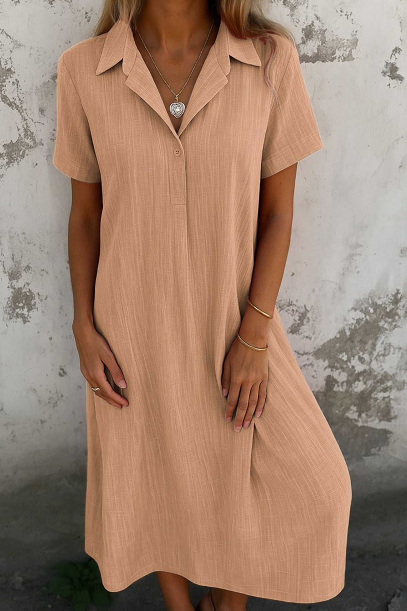 V-neck Color Short-sleeve Shirt Dress