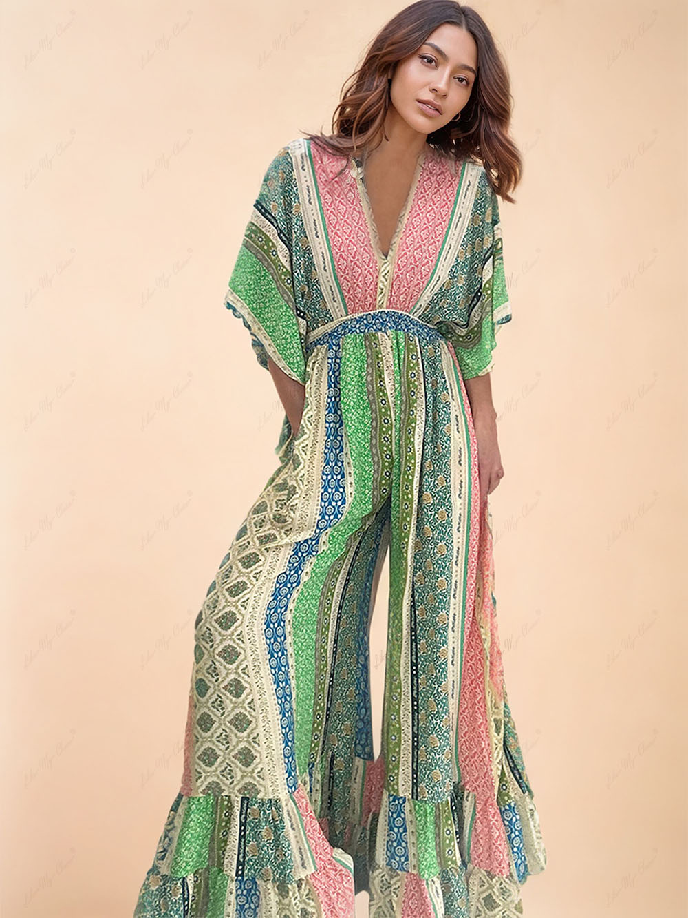 Retro Flare Sleeve Pocketed Loose Wide Leg Jumpsuit