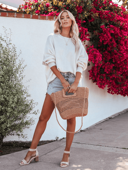 Oversized Batwing Sleeve Knit Sweater - White