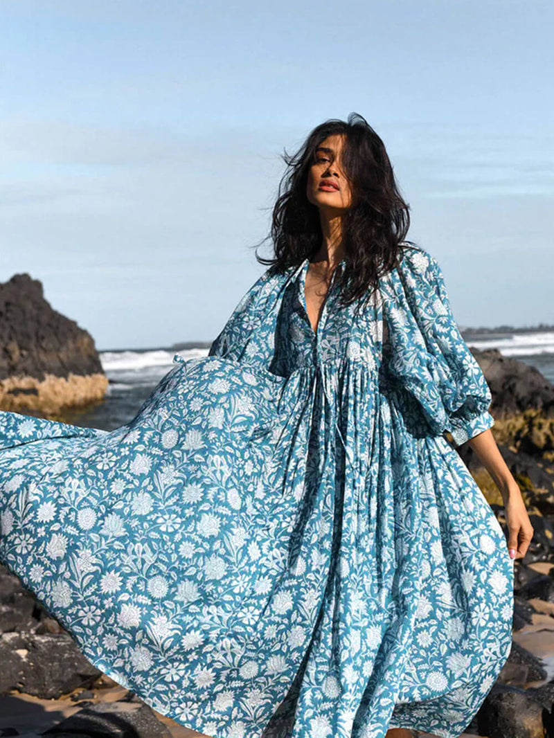 Azure Bloom - Balloon Sleeve Midi Dress