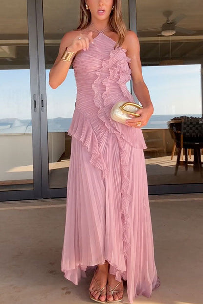Moxidress Strappy Halter Neck Ruffle Trim Asymmetric Hem Pleated Maxi Dress