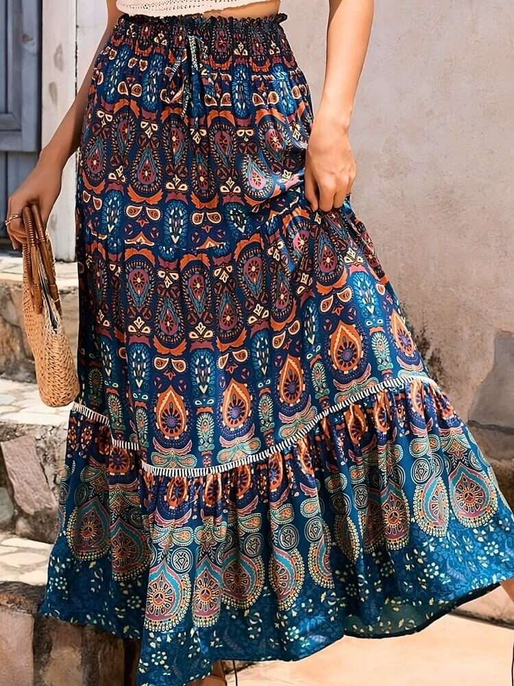 Shirred High Waist Skirt in Brown
