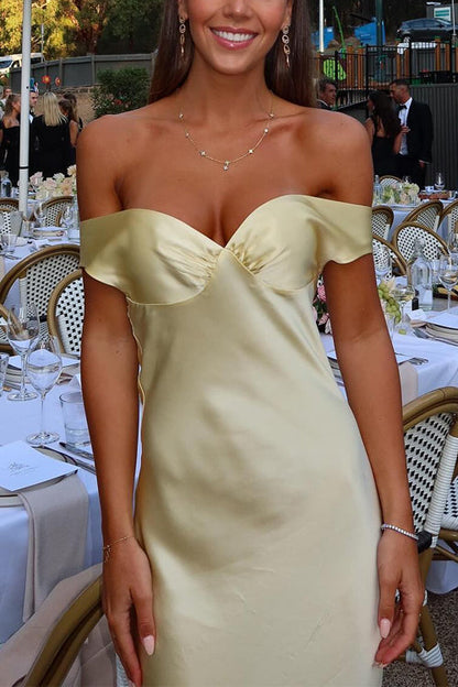 Off Shoulder Backless Cut Out Satin Maxi Dress