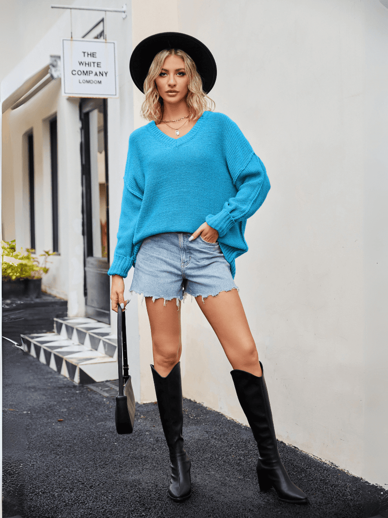 Hughes Heart Neck Knit Sweater - Blue