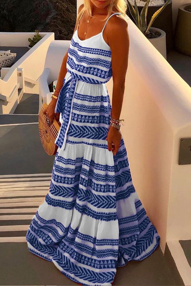 Geometric Printed Loose Ankle Maxi Dress(4 Colors)